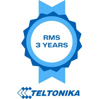 Selo azul com texto 'RMS 3 YEARS' e logo 'TELTONIKA'