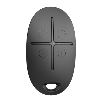 Comando remoto preto oval com quatro botões e abertura para pendurar