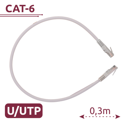 Cabo de rede CAT-6 branco com conectores transparentes e texto informativo