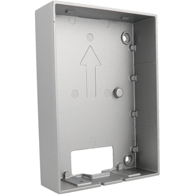 Caixa metálica cinza prateada com recorte e botão interno