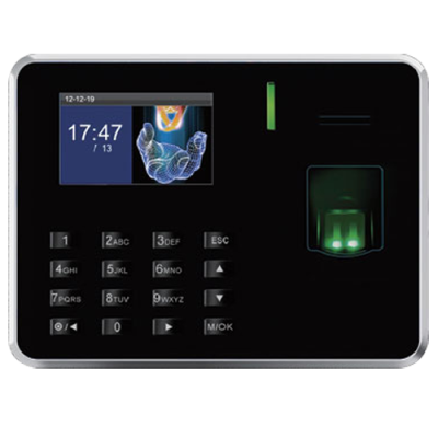 Dispositivo biométrico preto com ecrã digital e teclado numérico