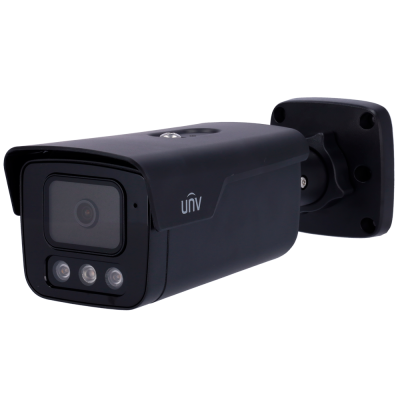 Câmara de vigilância preta com lente e LEDs, marca UNV, montada em suporte