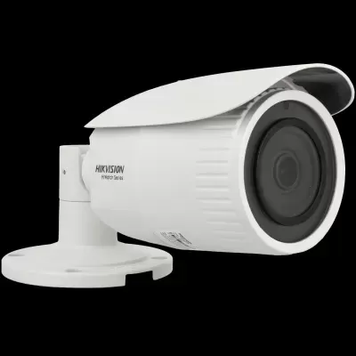 Câmara de segurança branca HIKVISION HiWatch com lente preta e suporte de fixação