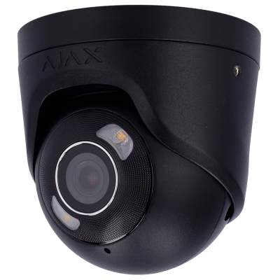 Câmara de segurança preta com lente circular e luzes LED