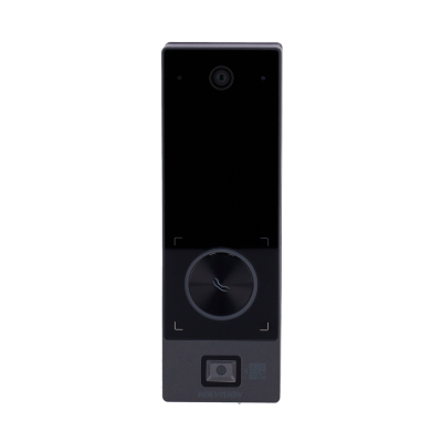 Campainha eletrónica preta com botão, câmera e sensor com texto HIKVISION