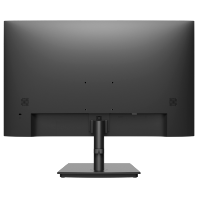 Monitor de computador preto visto de trás com suporte ajustável