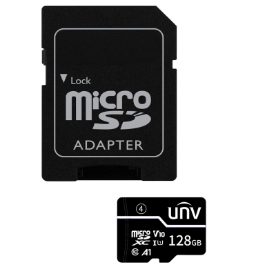 Adaptador micro SD preto e cartão micro SD preto com texto branco