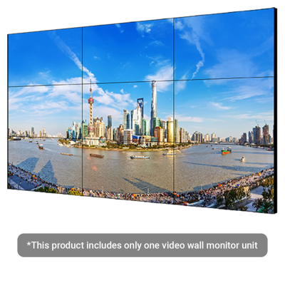 Ecrã video wall com imagem panorâmica de cidade com edifícios altos e rio