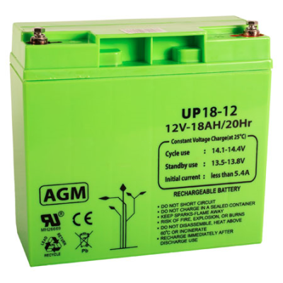 Bateria recarregável AGM verde 12V 18AH com texto de especificações e advertências