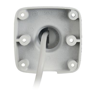 Base quadrada de plástico branco com cabo passando pelo centro e texto em relevo