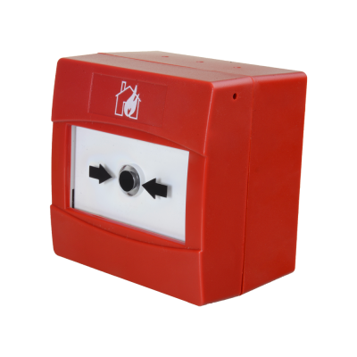 Dispositivo vermelho de alarme de incêndio com botão preto no centro e símbolo de casa com chama branca