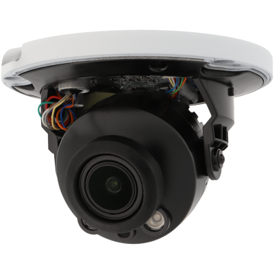 Câmara de segurança de teto preta e branca com fios expostos