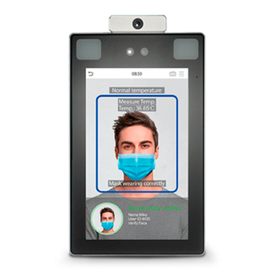 Dispositivo digital preto com ecrã que mostra temperatura e verificação facial com máscara azul.