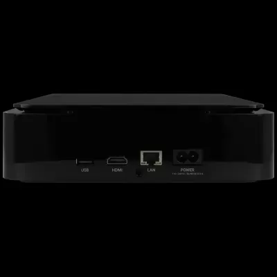 Dispositivo preto com portas USB, HDMI, LAN e POWER etiquetadas