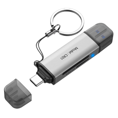 Pen drive modelo CR01 com conectores USB e tampa transparente cinza