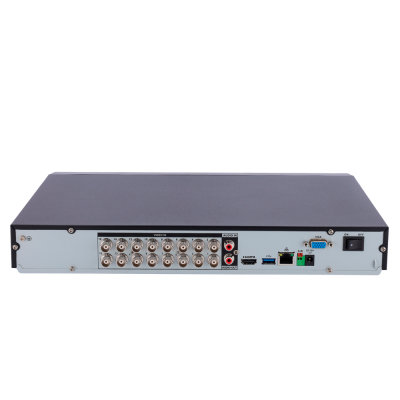 Dispositivo eletrônico com múltiplas portas na parte traseira, caixa preta e cinza.