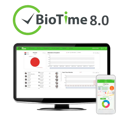 Interface do software BioTime 8.0 em monitor e smartphone com gráficos e menus coloridos