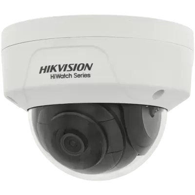 Câmara de segurança Hikvision branca com lente preta em formato dome para teto