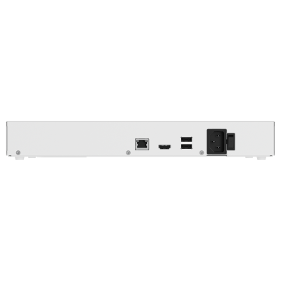 Traseira de equipamento eletrónico branco com portas RJ-45, HDMI, USB e entrada de alimentação