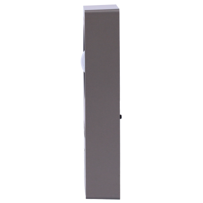 Caixa retangular cinza vista de lado com aba branca