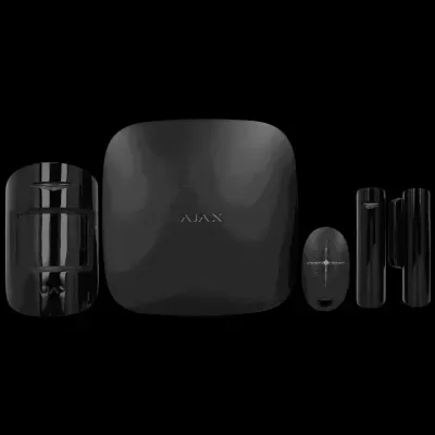 Conjunto de sistema de segurança preto com sensor, painel e pequeno dispositivo oval.