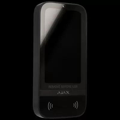 Leitor de cartão RFID preto com ecrã e texto