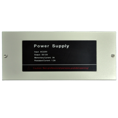 Fonte de alimentação metálica com etiqueta preta e instruções