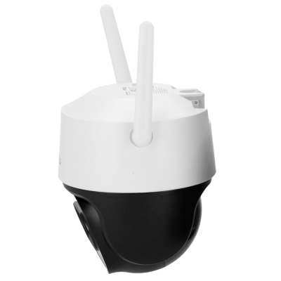 Câmara de vigilância branca e preta com antenas e caixa colorida