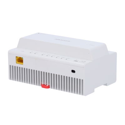 Dispositivo eletrónico branco com porta amarela e botão vermelho