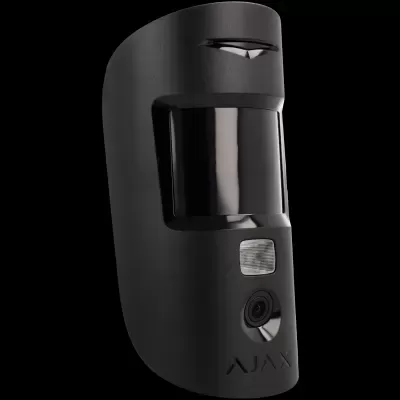Detector de movimento preto com visor escuro e lente de câmara