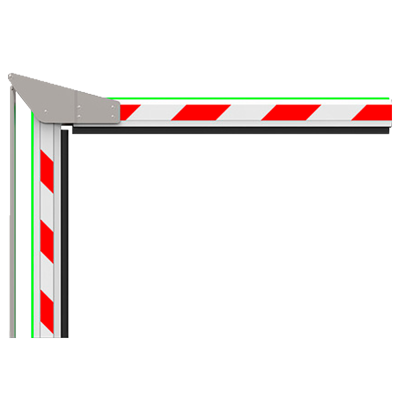Barreira de segurança branca e vermelha com faixas diagonais