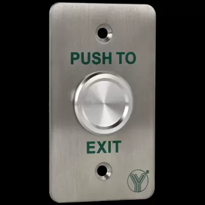 Botão metálico com placa de aço e texto PUSH TO EXIT