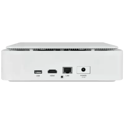 Dispositivo branco com portas USB, HDMI, LAN e entrada POWER 12 V DC