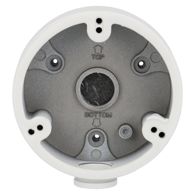 Base redonda de montagem cinzenta com borda branca e marcações TOP e BOTTOM.