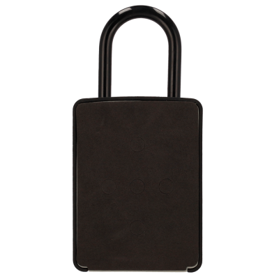 Cadeado preto retangular com arco metálico e botões circulares