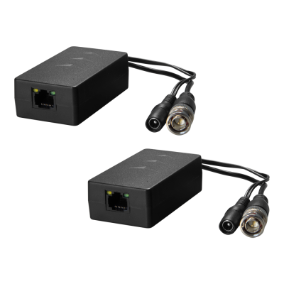 Extensores de Ethernet pretos com portas RJ45 e conectores BNC e DC
