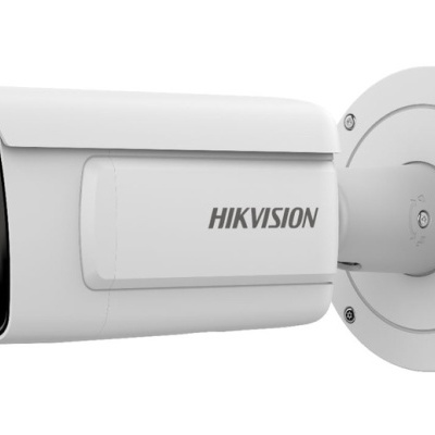 Câmara de segurança branca HIKVISION com lente preta e suporte circular