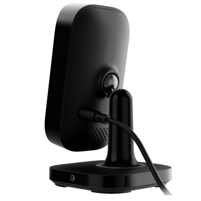 Câmara de vigilância preta com base circular e cabo na parte traseira