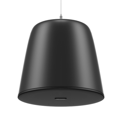 Abajur pendente preto com superfície lisa e base com grelha circular