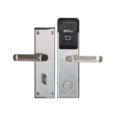 Fechadura eletrónica metálica prateada com punhos e painel preto com logótipo