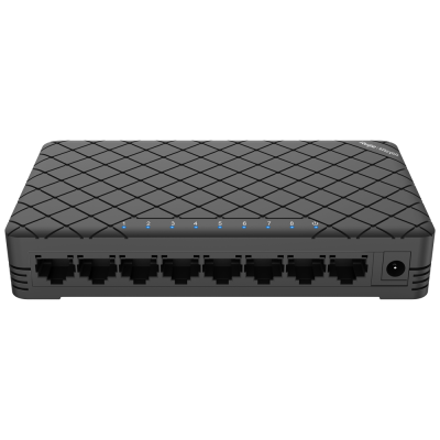 Interruptor de rede preto com 8 portas Ethernet numeradas