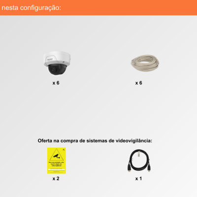 Componentes de sistema de videovigilância com texto em português e fundo branco com rodapé laranja