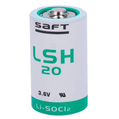 Pilha cylindrical branca com detalhes em verde e preto da marca SAFT modelo LSH 20