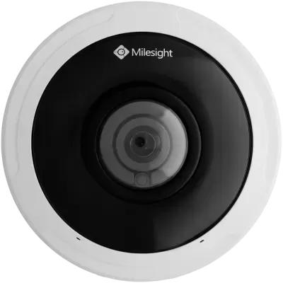Câmara de segurança circular preta e branca com o texto Milesight
