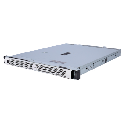 Aparelho eletrónico Avigilon prateado com painel perfurado branco sobre mesa branca