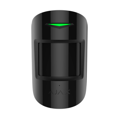 Sensor de movimento preto com luz LED verde e inscrição AJAX