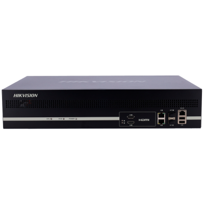 Dispositivo de segurança Hikvision preto com várias portas e luzes indicadoras.