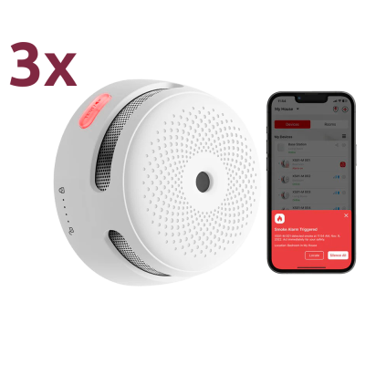 Detector de fumo branco com aplicação móvel mostrando alerta de alarme