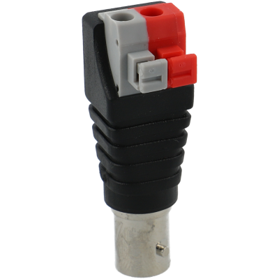 Conector elétrico preto com terminais vermelho e cinza e base metálica