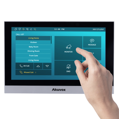 Monitor tátil Akuvox com interface digital em azul e verde